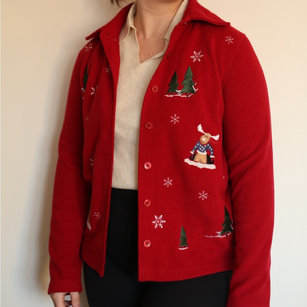 Red Women's Vintage Holiday Fleece Jacket - Small - Christmas Sweater